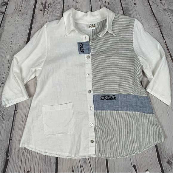 ODILE 100% linen button down white blue contrast shirt top, size S - Picture 9 of 13